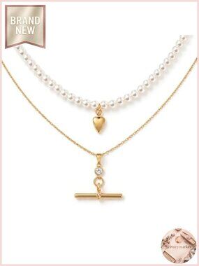 Layered Pearl & Gold T Bar Necklace Stack,2 Strand Choker Pendant Necklace